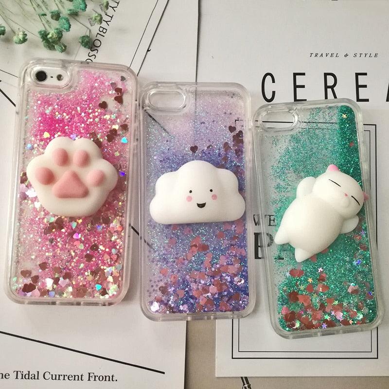 3D  Cat Case For Iphone 5s Se 7 7 Plus Case Liquid Quicksand Glitter Silicone Case For Iphone 8 8 Plus X 6 6s Cover  Rubber Silicone Phone Case