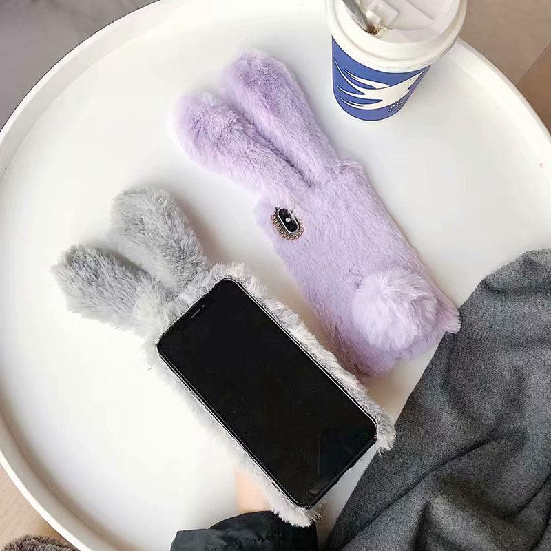 Cute Stuffed Plush Fluffy Case For iPhone 13 12 11 Pro XS Max X XR 12Mini Rabbit Ears Furry fluffy Fur Plush Warm Cover for iPhone 6 6S 7 8 Plus Phone Case