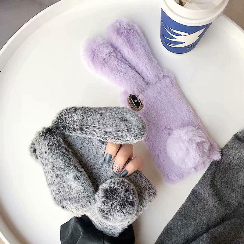 Cute Stuffed Plush Fluffy Case For iPhone 13 12 11 Pro XS Max X XR 12Mini Rabbit Ears Furry fluffy Fur Plush Warm Cover for iPhone 6 6S 7 8 Plus Phone Case