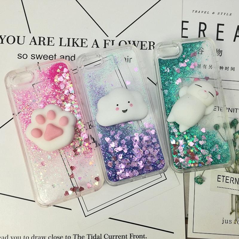 3D  Cat Case For Iphone 5s Se 7 7 Plus Case Liquid Quicksand Glitter Silicone Case For Iphone 8 8 Plus X 6 6s Cover  Rubber Silicone Phone Case