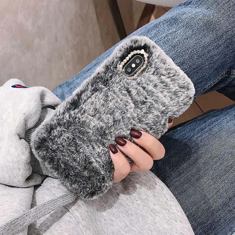 Cute Stuffed Plush Fluffy Case For iPhone 13 12 11 Pro XS Max X XR 12Mini Rabbit Ears Furry fluffy Fur Plush Warm Cover for iPhone 6 6S 7 8 Plus Phone Case