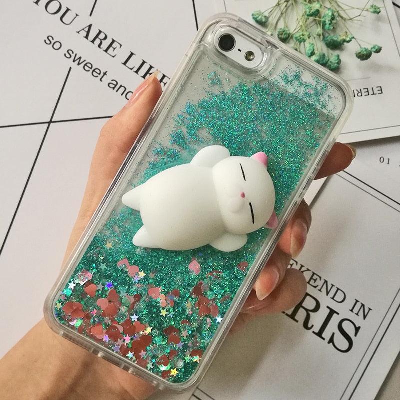 3D  Cat Case For Iphone 5s Se 7 7 Plus Case Liquid Quicksand Glitter Silicone Case For Iphone 8 8 Plus X 6 6s Cover  Rubber Silicone Phone Case