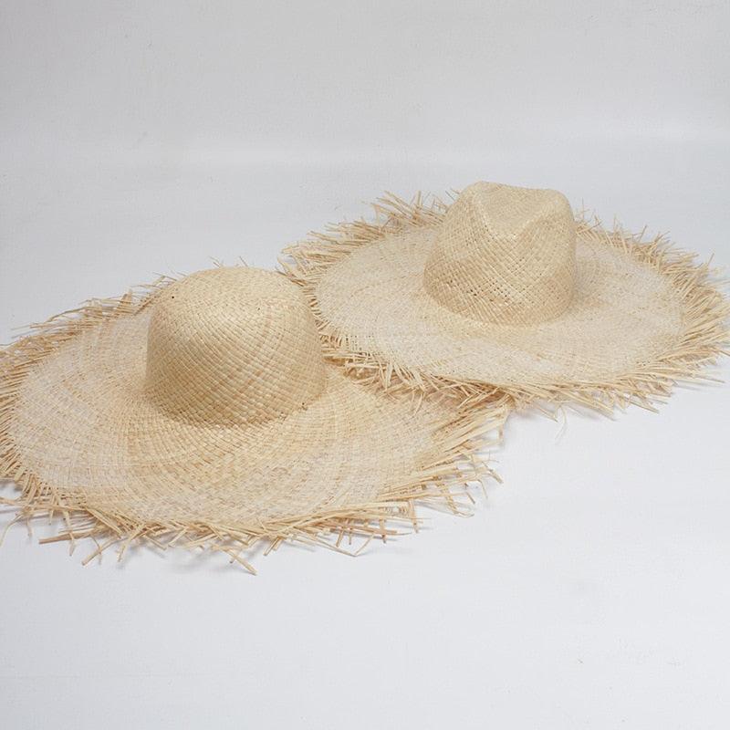 New Handmade Women Straw Sun Hats Large Wide Flat Top Wide Hat Beach Hat Lady Holiday Sun Protection Hat Girls Quality Natural Outdoor Sun Caps For Holiday Vintage Design Hat