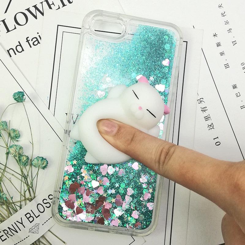 3D  Cat Case For Iphone 5s Se 7 7 Plus Case Liquid Quicksand Glitter Silicone Case For Iphone 8 8 Plus X 6 6s Cover  Rubber Silicone Phone Case