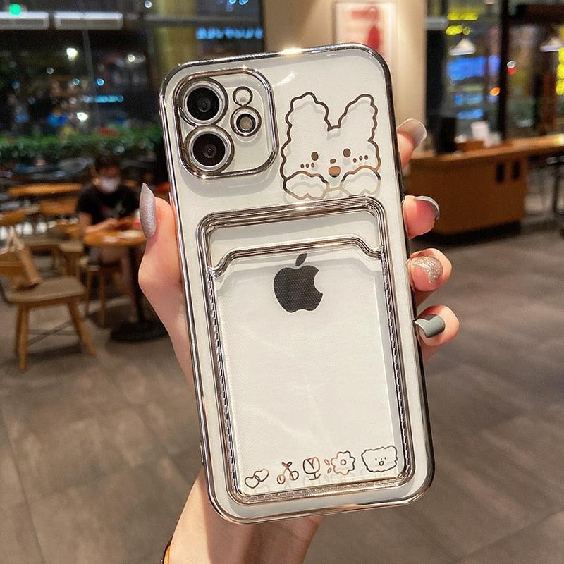 Ultra-light Transparent Photo Card Pocket Wallet Case For iPhone 13 11 12 14 Pro Max XS XR X 8 7 6S Plus Plating Cute Bear Rabbit Soft Phone Cover Cute Case with Card Holder Soft Cover