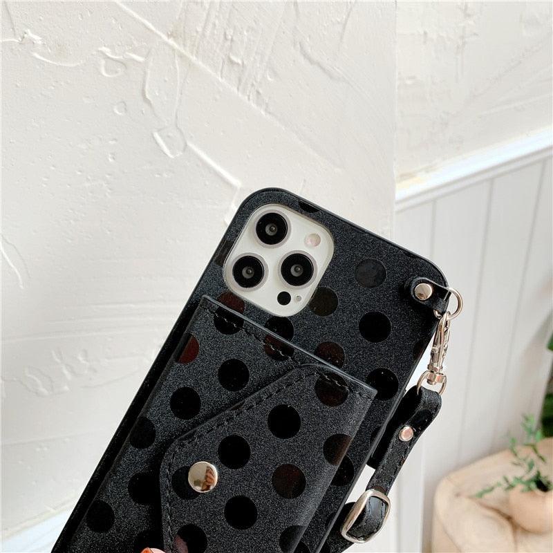 Luxury Little Dots Wallet Shoulder Strap Phone Case For iPhone 14 14Pro Max 13 12 Mini 11 Pro XSXR 7 8 Plus Leather Wallet Case with Card Holder Neck Strap Wrist Strap Pocket Cover