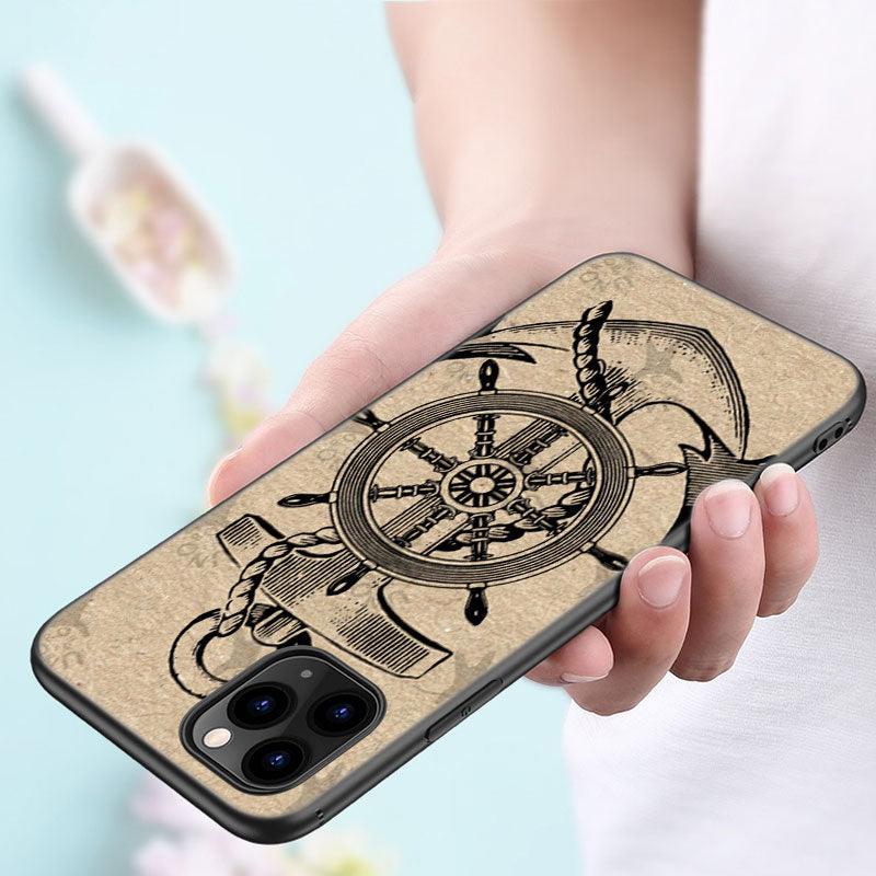 Anchor Boat Ship Wheel Phone Case For iPhone 13 12 Mini 11 Pro XS Max XR X 8 7 6S 6 Plus 5S 5 SE 2020 Black Cover Custom Anchor Hard Back Cover Case