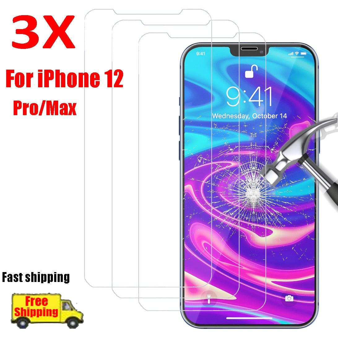 3PCS New Tempered Glass Screen Protectors For iPhone 12 12 Max/12 Pro Front film iPhone X 6/6s 7 8 11 Pro Max Screen Protector Tempered Glass Film Screen Protector For iPhone