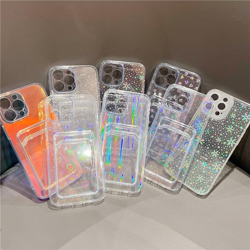 Unique Gradient Women Love Wallet Card Holder Clear Soft Case For iPhone 13 11 12 Pro Max Beautiful Colors Transparent Cover Drop Protection Transparent Phone Cover