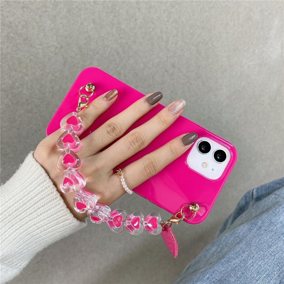 Cute Love Heart Strap Chain Wrist Band Phone Case Bracelet Love-Heart Chain Bracelet Strap Design with Shockproof Soft Back Cover Protective Bumper Case for Women Girls Candy Color Case for iPhone 13 12 11 Pro Soft Cover