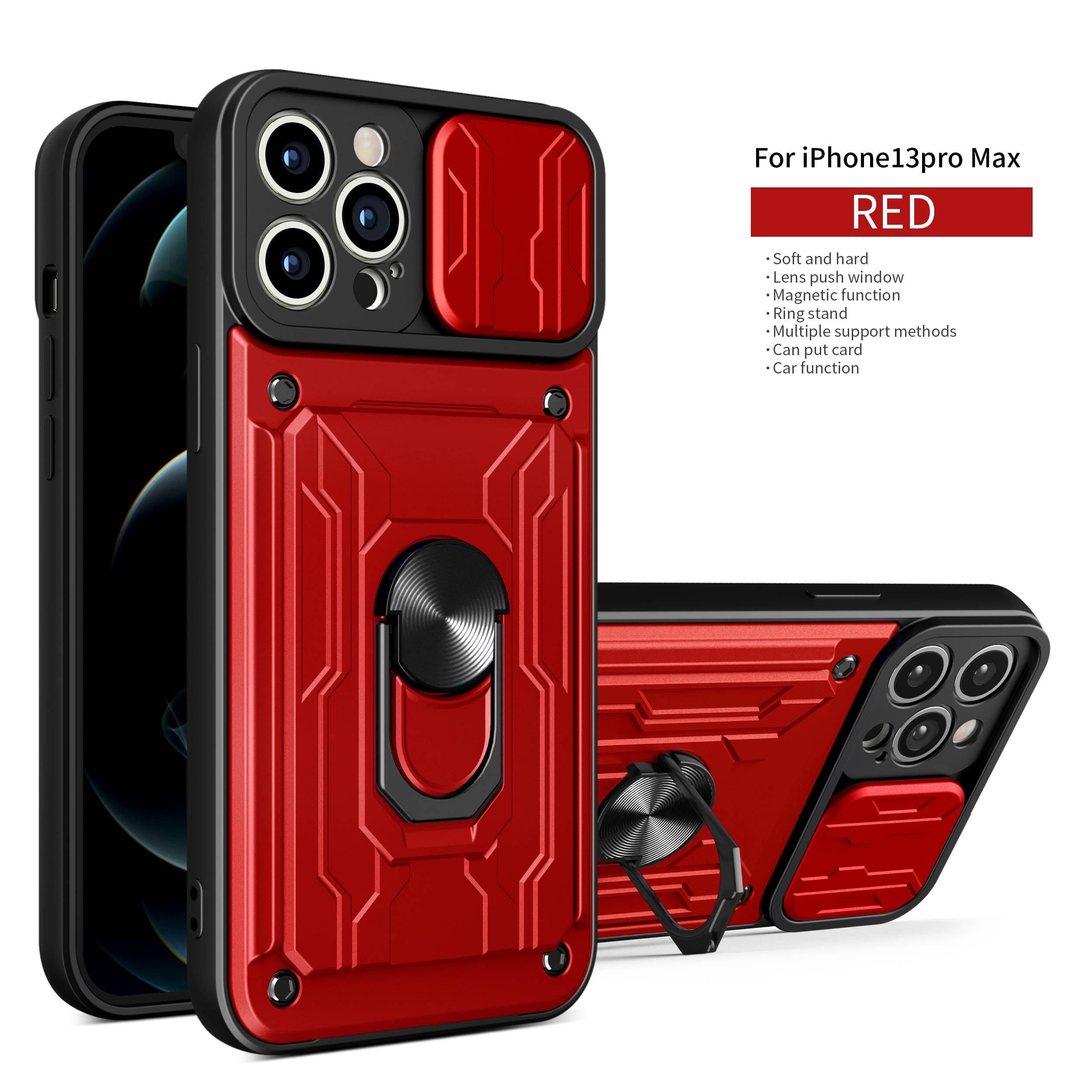 Heavy Duty Armor Case Card Pocket for iPhone 11 Pro 7 8 Plus Magnetic Phone Holder Cover Slide Lens Protection Design Card Holder Slot With Rotating Ring Armor Bumper Shockproof Case