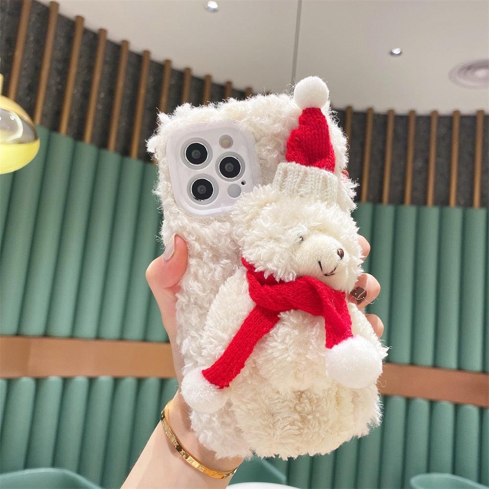 Cute Fluffy Santa 3D Teddy Bear Plush Christmas Case For Iphone 13 12 11 Pro Xs Max X Xr 7 8 Plus Se3 Shockproof Soft Cover  Super Soft Winter Warm Funny Rabbit Ears Faux Fur Plush Fluffy Cover