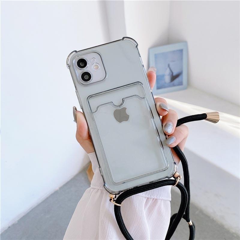 Transparent Wallet Case for iPhone 13 12 11 Pro Xs Max Shockproof Card Crossbody Lanyard Rope Strap Cover Transparent Soft Case Necklace Phone Cover Colorful Case & Adjustable Strap