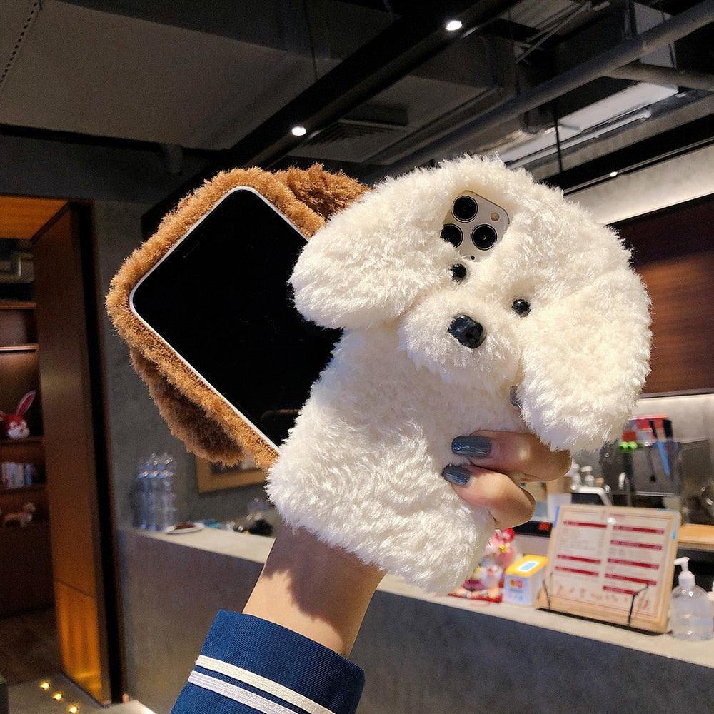 Fashion Luxury Cute Fuzzy Furry Wool Plush 3D Cute dog Plush fur phone Case For iphone 12 13 Mini 11 pro Max 6 6S 7 8 Plus X XR XS Winter Warm fur Soft Cover