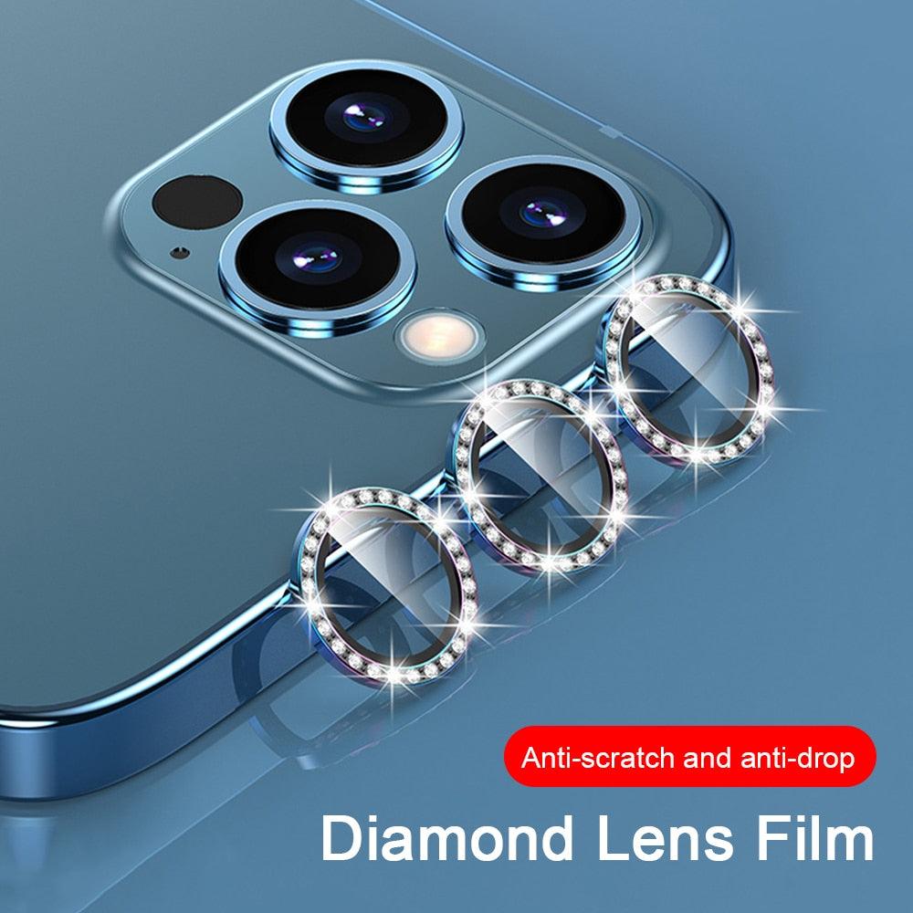 2023 New Diamond Bling Metal Ring Glass Protective Cap For iPhone 14 13 12 11 Pro Max Mini Camera Lens Circle Protector Paste Tempered Glass Camera Cover Camera Lens Protector