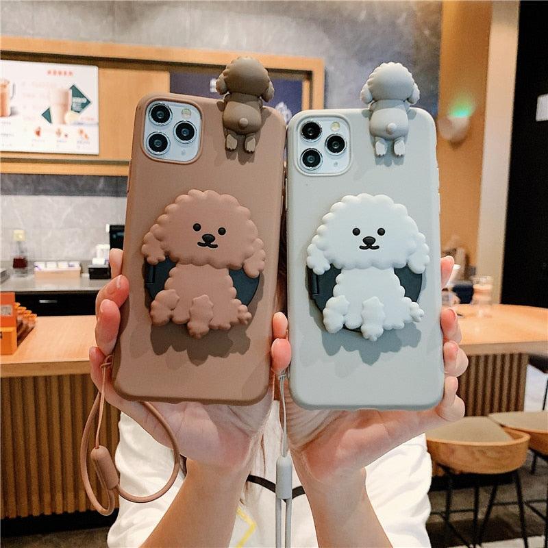 3D Cute Cartoon Dog Mirror Stand Phone Case For Iphone 13 Pro Max 12 11 Xr X Xs Max 5 6 7plus 8 Plus With Lanyard Cover Soft Durable Silicone Drop Protection Cover For Iphone