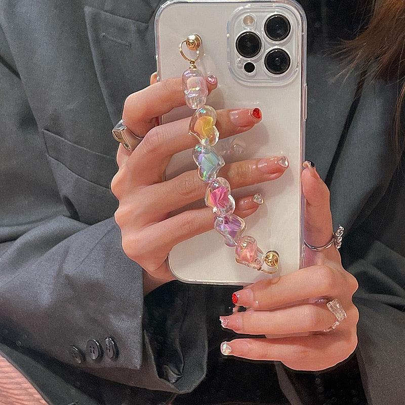 Multicolored Cute Love Heart Bracelet Wrist Chain Case for iPhone 14Pro Max 12 11 XR X XS 7 8 plus Clear Soft Back Cover for iPhone 13 Transparent Love Chain Bracelets Phone Case for iPhone Modern Heart Shaped Bracelet Phone Case