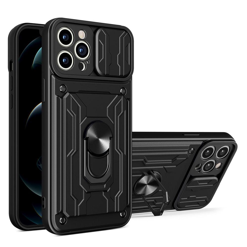 Shockproof Case for iPhone 13 12 11 Pro Max With Card Slot Ring Stand Camera Protection Phone Cover for iPhone XR XS Max Removable Card Holder Ring Holder Shockproof Protection Cover