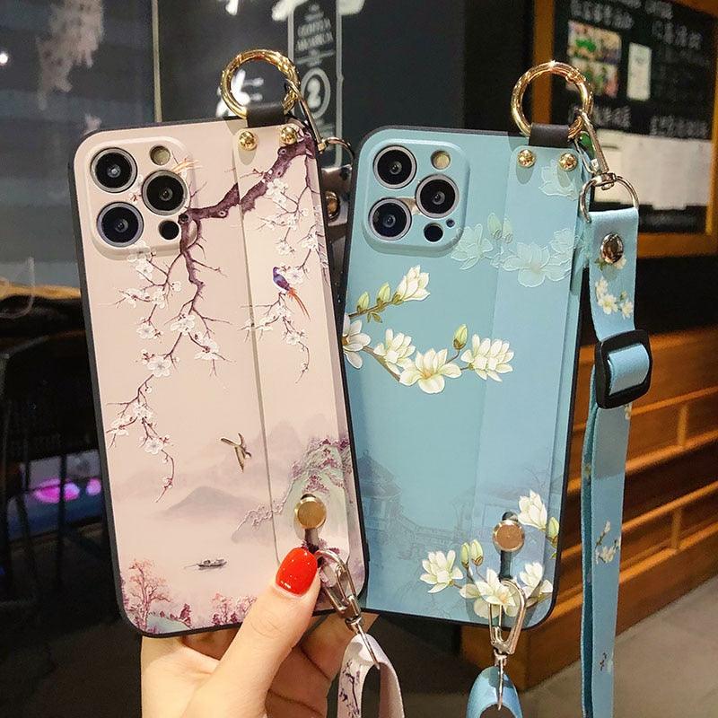 Ultra Luxury Case Cute Flower Design with Ring Kickstand Soft Crossbody Phone Cover for iPhone 13 14 Pro Max Case Fashion Crossbody Shoulder Strap Flower Leaf Phone Holder Cover for iPhone 12 11 X XR XS 7 8 Plus