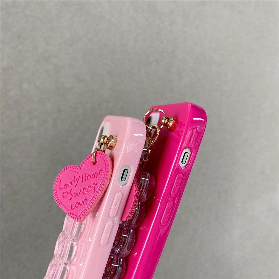 Cute Love Heart Strap Chain Wrist Band Phone Case Bracelet Love-Heart Chain Bracelet Strap Design with Shockproof Soft Back Cover Protective Bumper Case for Women Girls Candy Color Case for iPhone 13 12 11 Pro Soft Cover