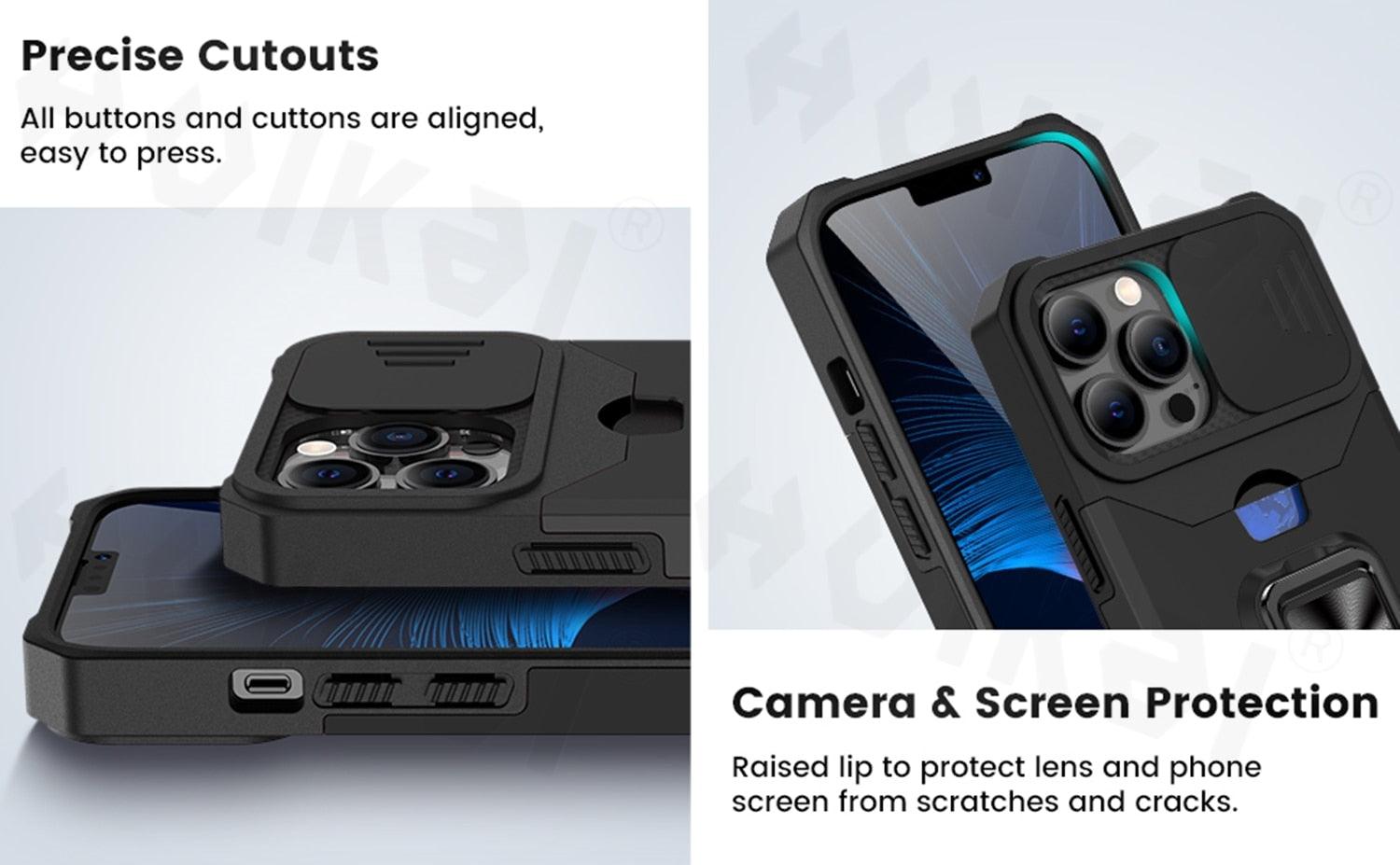 Slide Camera Cover Kickstand Card Wallet Case for iPhone11 X XS 8  Shockproof Protective Phone Case  Wallet Case for iPhone With Sliding Camera Case With Kickstand Magnetic Adjustable Ring Holder