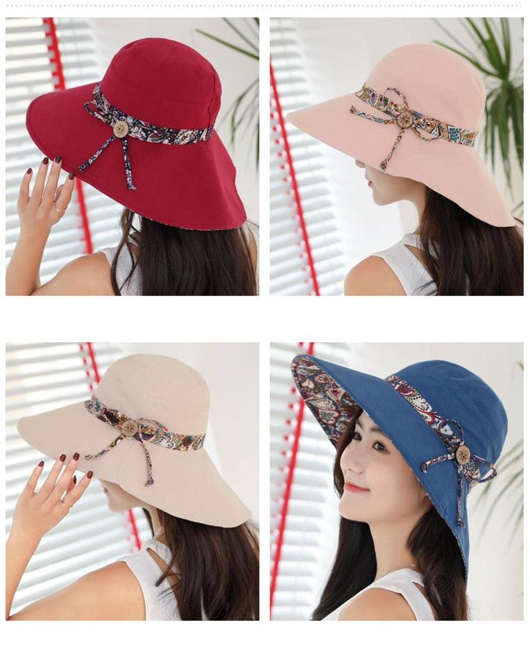 New Fashionable Women Sun Hat Summer Hat Foldable Ladies Wide Large Brim Floppy Folding Summer Beach Sun Hat Comfortable Cotton Cap Anti-UV Big Summer Biking Beach Hat Fashion Sun Hat