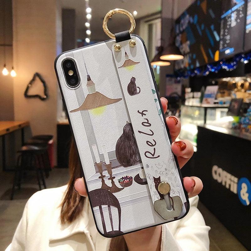 Cartoon Cute Cat Wrist Strap Soft Phone Case For Iphone 13 11 12 14 Pro Max X Xr Xs Max Se 2020 7 8 Plus 14plus Holder Cover Thanksgiving Cute Cats Silicone Case For Iphone