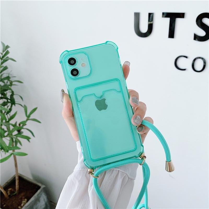 Transparent Wallet Case for iPhone 13 12 11 Pro Xs Max Shockproof Card Crossbody Lanyard Rope Strap Cover Transparent Soft Case Necklace Phone Cover Colorful Case & Adjustable Strap