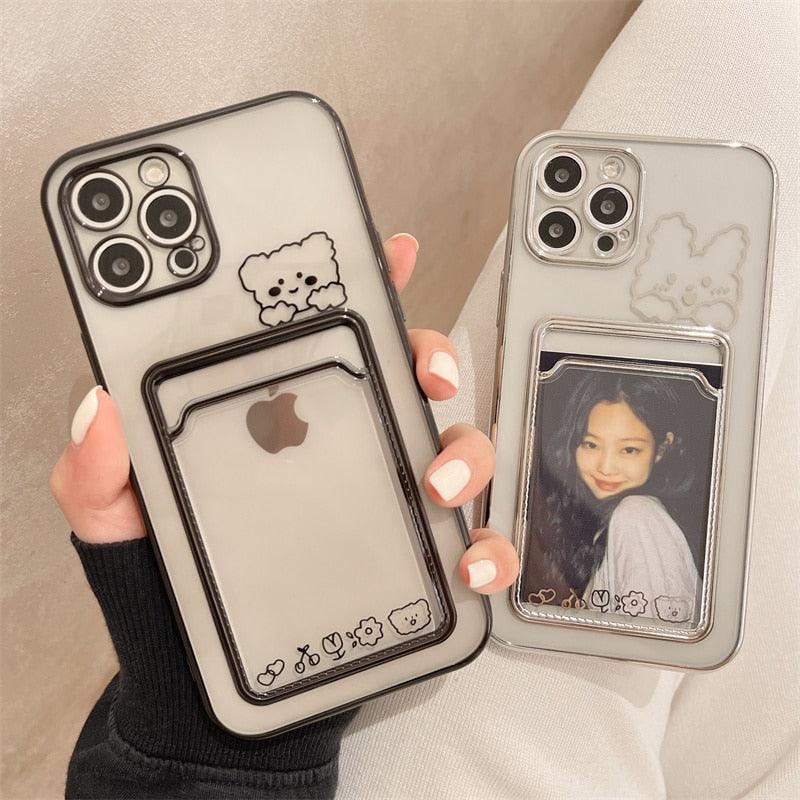 Ultra-light Transparent Photo Card Pocket Wallet Case For iPhone 13 11 12 14 Pro Max XS XR X 8 7 6S Plus Plating Cute Bear Rabbit Soft Phone Cover Cute Case with Card Holder Soft Cover