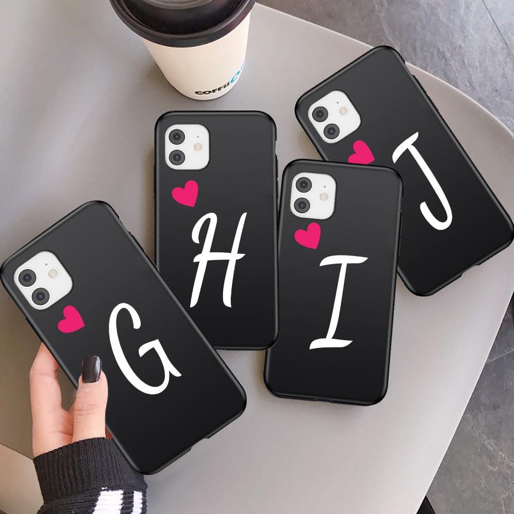 Women Elegant Black Initial Letter A-Z Love Heart Couples Phone Case For iPhone 13 12 Pro Max Mini Luxury Soft Silicone Cover Name Letter Case