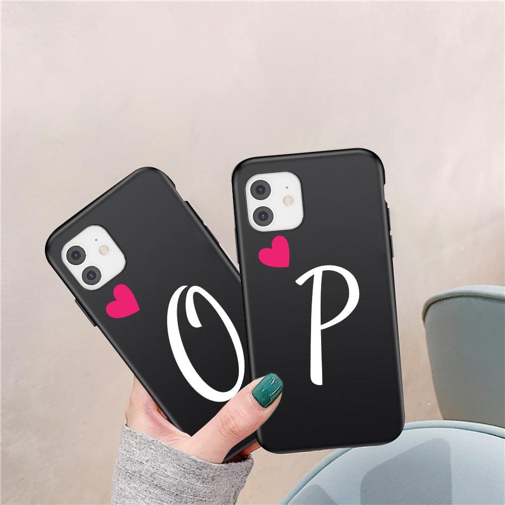 Women Elegant Black Initial Letter A-Z Love Heart Couples Phone Case For iPhone 13 12 Pro Max Mini Luxury Soft Silicone Cover Name Letter Case