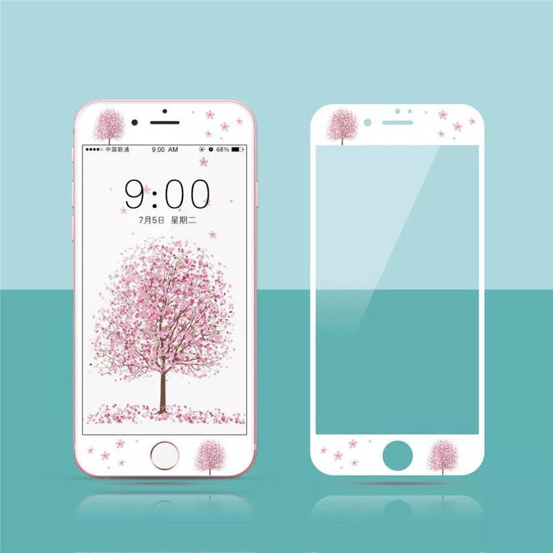 Flowers Cartoon Screen Protector For iPhone 13 12 11 Pro Max Soft Edge Tempered Glass on For iPhone XS MAX XR 7 8 PLUS Lovely Easy Installation Frame 9H Hardness Full Coverage Bubble Free Cute Lovely Cherry Blossom Design Glass For iPhone