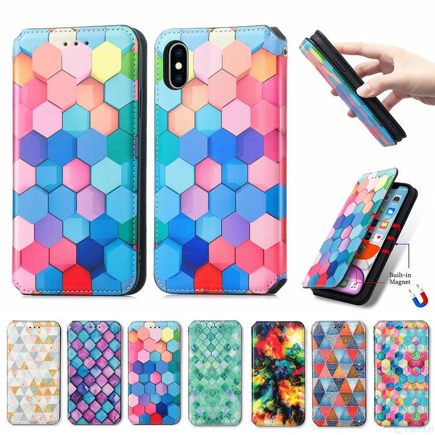 Multicolored Phone Case For iPhone 13 12 11 Pro Mini Cover Wallet Card Slot Flip Magnetic Leather PU Leather Flip Wallet Cover with Card Slots Case Cover