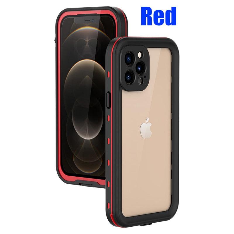 Waterproof For iPhone 14 13 12 11 Pro Max Case Red Clear Cover Diving Underwater Swim Outdoor Sports Built-in Screen Protector Full Body Heavy Duty Protective Cover for iPhone