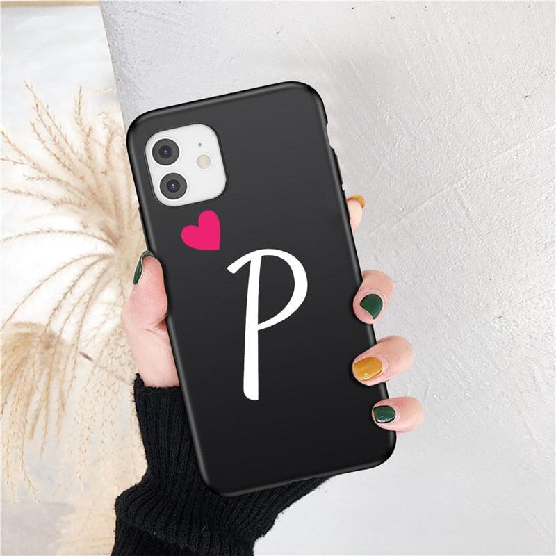 Women Elegant Black Initial Letter A-Z Love Heart Couples Phone Case For iPhone 13 12 Pro Max Mini Luxury Soft Silicone Cover Name Letter Case