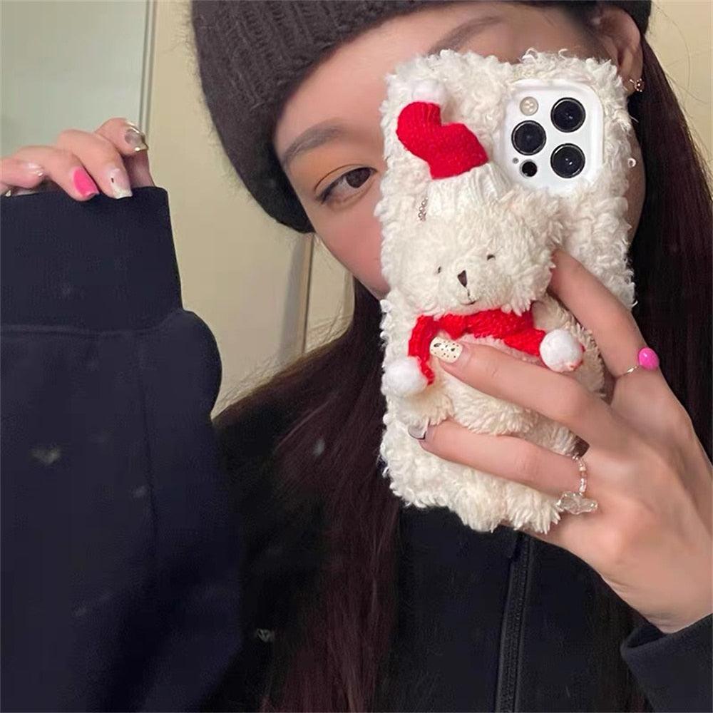 Cute Fluffy Santa 3D Teddy Bear Plush Christmas Case For Iphone 13 12 11 Pro Xs Max X Xr 7 8 Plus Se3 Shockproof Soft Cover  Super Soft Winter Warm Funny Rabbit Ears Faux Fur Plush Fluffy Cover