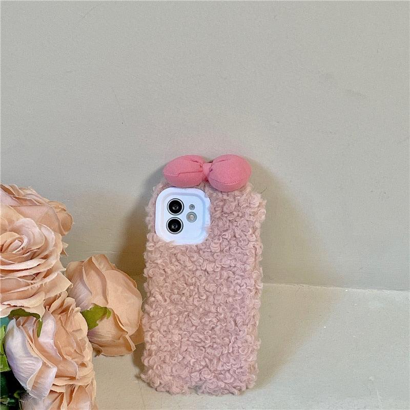 Fluffy Warm Cover Case For Iphone 13 12 11 Pro Xs Max X Xr Cases 3D Cartoon Bow Ear Furry Fluffy Warm Case For Iphone 7plus 8plus 12pro Phone Case