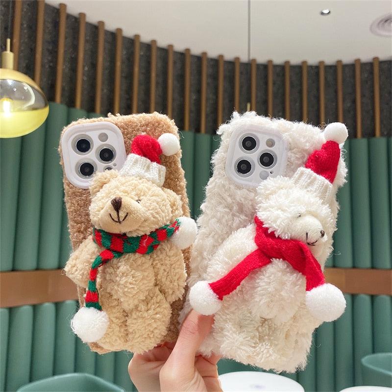 Cute Fluffy Santa 3D Teddy Bear Plush Christmas Case For Iphone 13 12 11 Pro Xs Max X Xr 7 8 Plus Se3 Shockproof Soft Cover  Super Soft Winter Warm Funny Rabbit Ears Faux Fur Plush Fluffy Cover