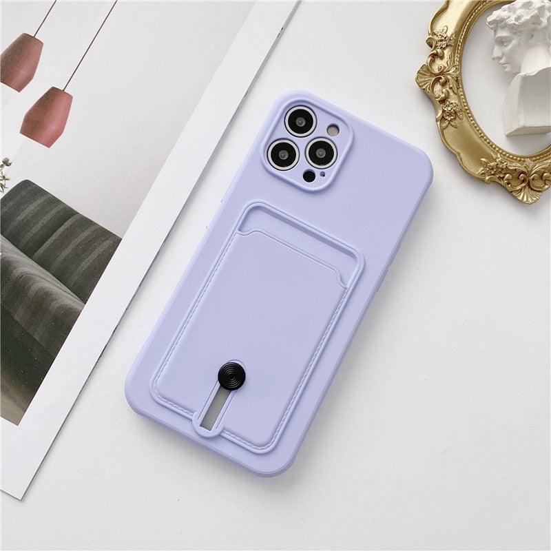 New Candy Color Wallet Card Case For iPhone 13 11 12 14 Pro Max Soft Silicone Shockproof Cover Silicone Protective Case Soft Slim Card Slot Case Compatible with iPhone 11 Purple Phone Case