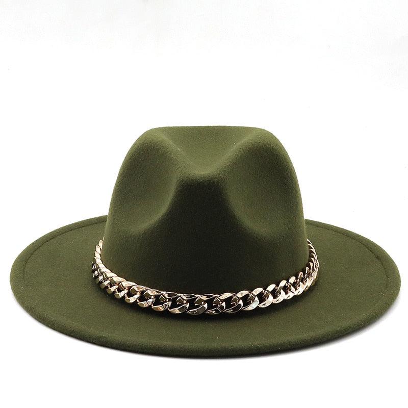 Elegant Green Fedora Hats Women Men Fedora Hats Wide Brim Fedora Hat Summer Chain Band Jazz Hats Winter Autumn Gentleman Outdoor Hat