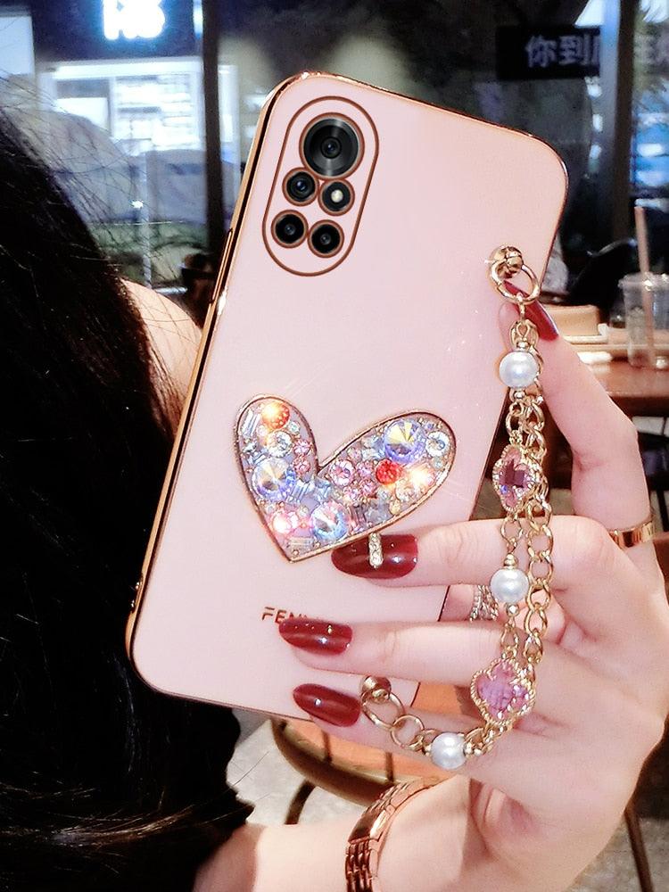 Cute Heart Chain Cute Case Luxury 3D Love Heart Wristband Girl Soft Case For iPhone 14 13 11 12 Pro Max 7 8 Plus Xr X Xs Silicone Phone Cover  Cute Case Luxury Hearts Case Camera Cover Protective Soft Slim Girly Case Designed for iPhone