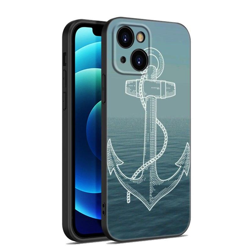 Anchor Boat Ship Wheel Phone Case For iPhone 13 12 Mini 11 Pro XS Max XR X 8 7 6S 6 Plus 5S 5 SE 2020 Black Cover Custom Anchor Hard Back Cover Case