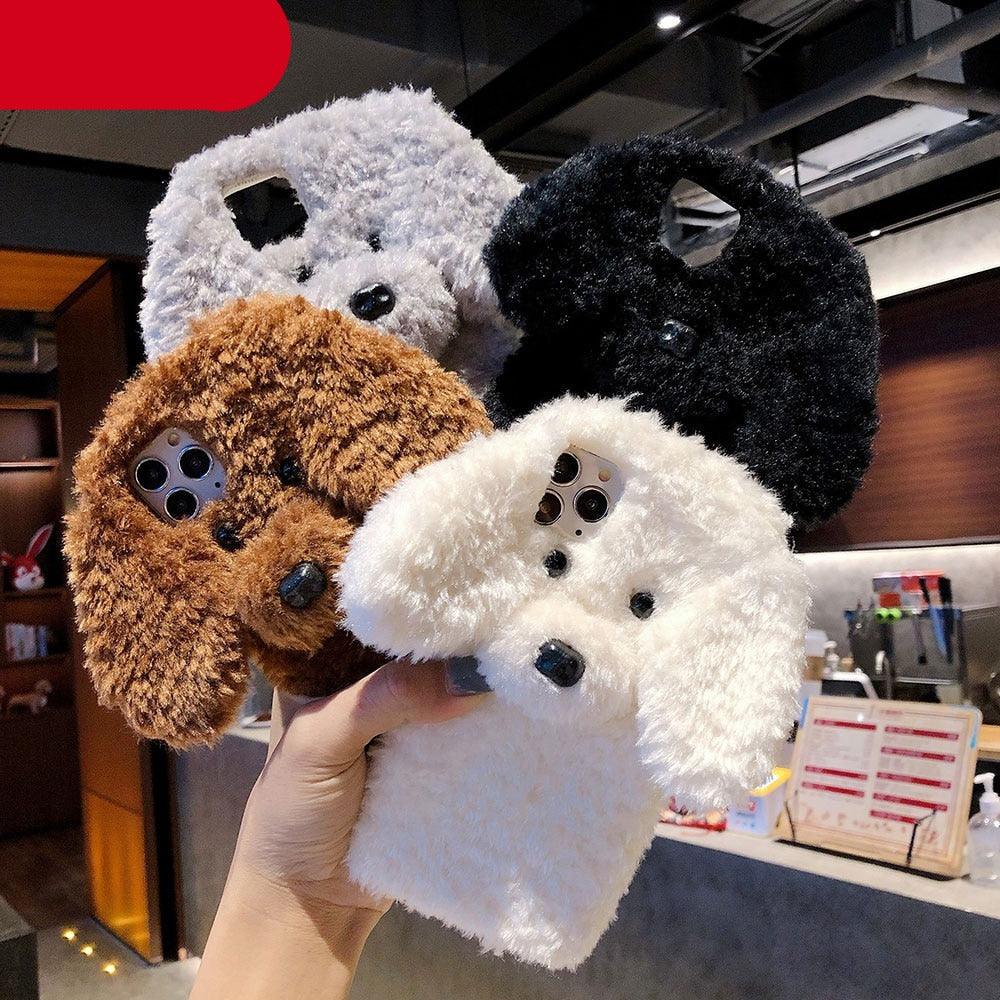 Fashion Luxury Cute Fuzzy Furry Wool Plush 3D Cute dog Plush fur phone Case For iphone 12 13 Mini 11 pro Max 6 6S 7 8 Plus X XR XS Winter Warm fur Soft Cover