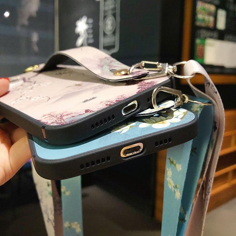 Ultra Luxury Case Cute Flower Design with Ring Kickstand Soft Crossbody Phone Cover for iPhone 13 14 Pro Max Case Fashion Crossbody Shoulder Strap Flower Leaf Phone Holder Cover for iPhone 12 11 X XR XS 7 8 Plus