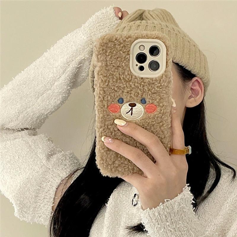 Cute Furry Fluffy Brown Bear Phone Case For iPhone 11 12 13 Pro Max 6 7 8 Plus X XS Max XR SE 2020  Winter Plush Warm Soft Cover  Autumn and Winter Shockproof Full Case Cover