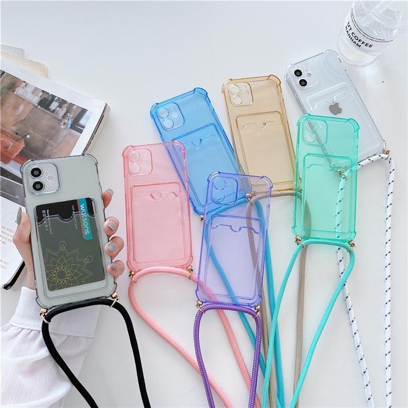 Transparent Wallet Case for iPhone 13 12 11 Pro Xs Max Shockproof Card Crossbody Lanyard Rope Strap Cover Transparent Soft Case Necklace Phone Cover Colorful Case & Adjustable Strap