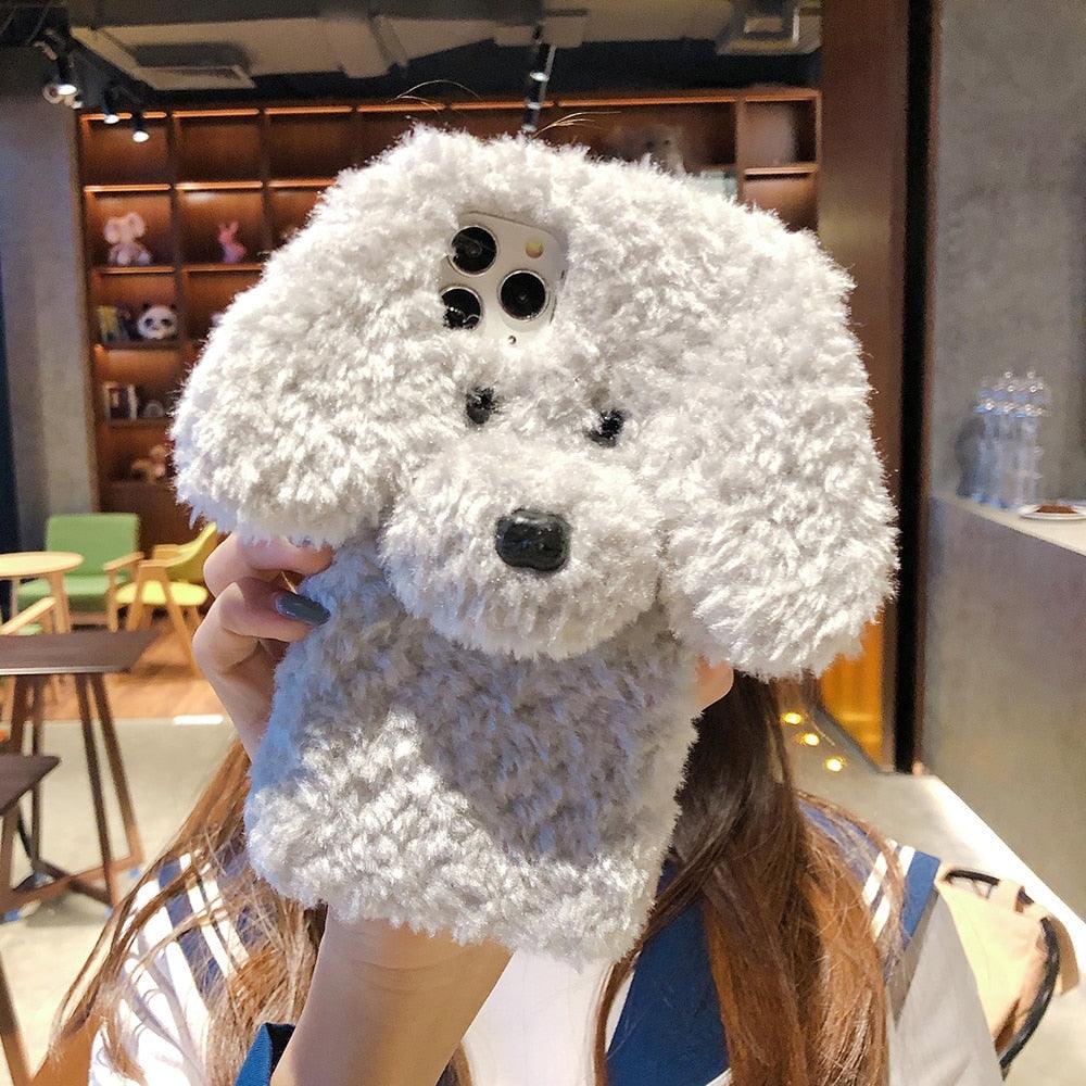 Fashion Luxury Cute Fuzzy Furry Wool Plush 3D Cute dog Plush fur phone Case For iphone 12 13 Mini 11 pro Max 6 6S 7 8 Plus X XR XS Winter Warm fur Soft Cover