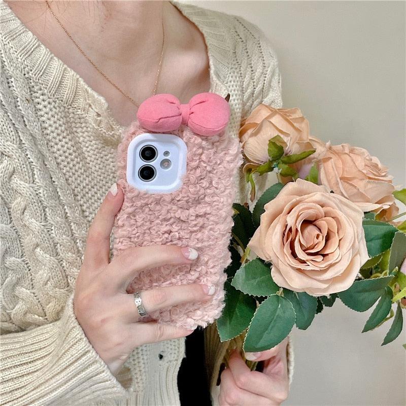 Fluffy Warm Cover Case For Iphone 13 12 11 Pro Xs Max X Xr Cases 3D Cartoon Bow Ear Furry Fluffy Warm Case For Iphone 7plus 8plus 12pro Phone Case