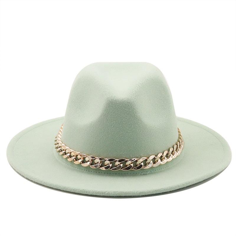 Elegant Green Fedora Hats Women Men Fedora Hats Wide Brim Fedora Hat Summer Chain Band Jazz Hats Winter Autumn Gentleman Outdoor Hat