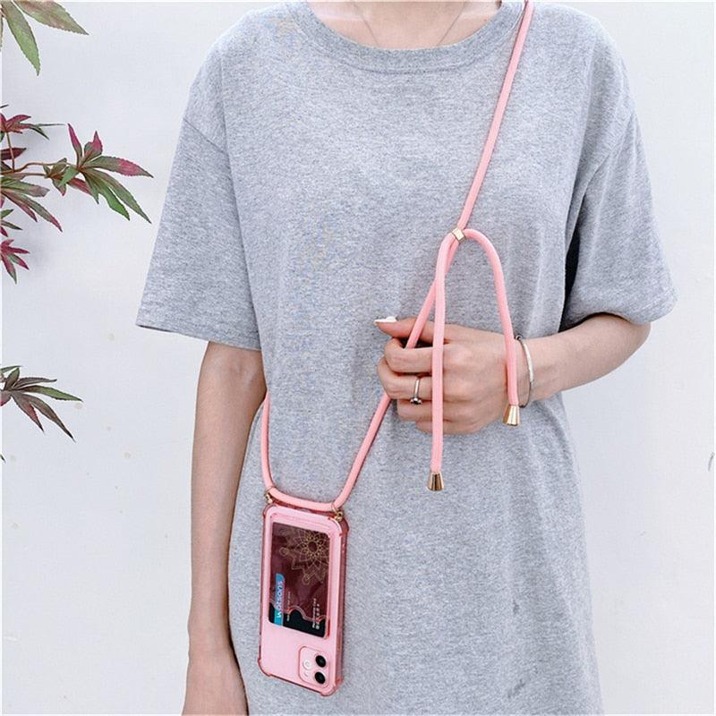 Transparent Wallet Case for iPhone 13 12 11 Pro Xs Max Shockproof Card Crossbody Lanyard Rope Strap Cover Transparent Soft Case Necklace Phone Cover Colorful Case & Adjustable Strap